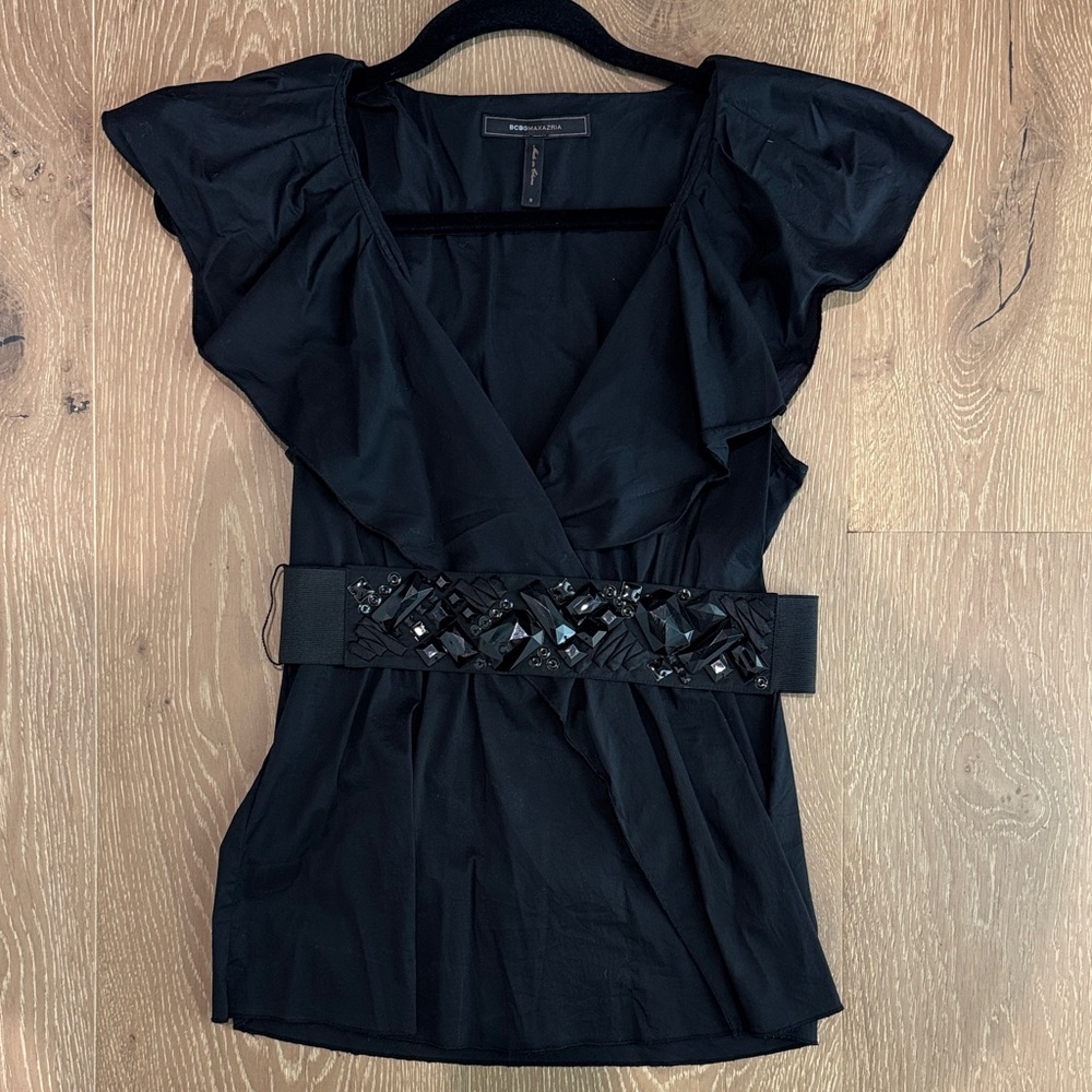 Elegant Black Women's Top with Embellished Belt